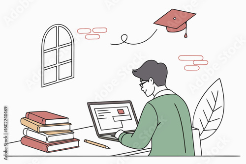 Student engaged in online learning at a desk surrounded by books and a window, preparing for graduation in a cozy study environment