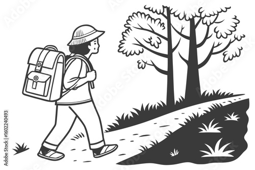 Hiker with backpack walking along a nature path surrounded by trees during daylight