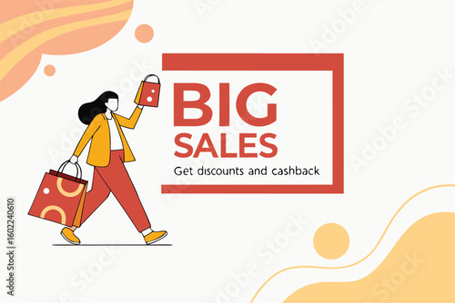 Exciting big sales event features discounts and cashback offers with a shopper carrying colorful bags