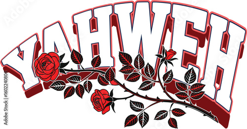 Yahweh Bold Red Typography Illustration with Red Rose Floral Decorations

