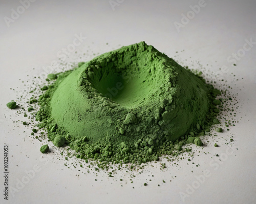 Vibrant green powder pile with crater matcha powder fine powder