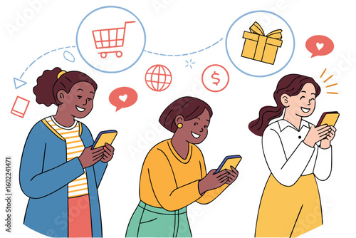 Women engaging in online shopping activity using smartphones with icons representing commerce and gifts in a colorful illustration