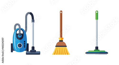 Cleaning Tools: Vacuum, Broom, and Mop Illustration