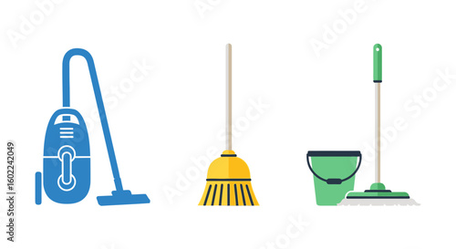 Cleaning Tools: Vacuum, Broom, Mop, and Bucket