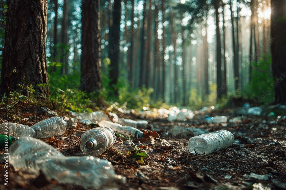 Obraz premium Forest waste plastic litter environmental pollution issue Ecological crisis devastation ecosystem harm
