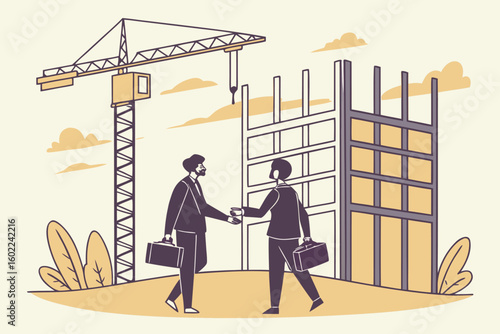 Business professionals shaking hands on a construction site with a crane and partially built structure during daytime