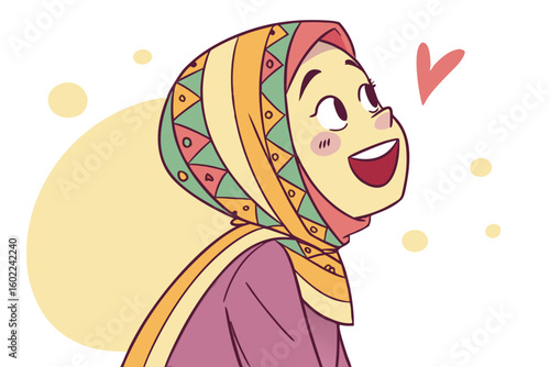 Cheerful young woman in colorful headscarf showing happiness and joy with a radiant smile against a bright background