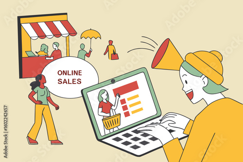Engaging digital marketplace environment with a focus on boosting online sales through vibrant graphics and enthusiastic interactions