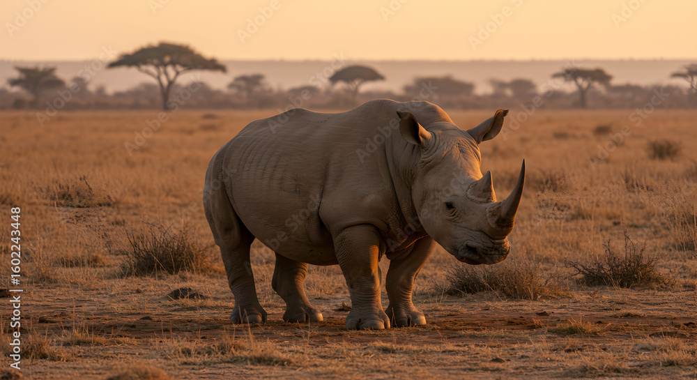 Fototapeta premium A majestic white rhinoceros stands in the golden African savanna at sunset, a symbol of wildlife conservation and the beauty of nature.