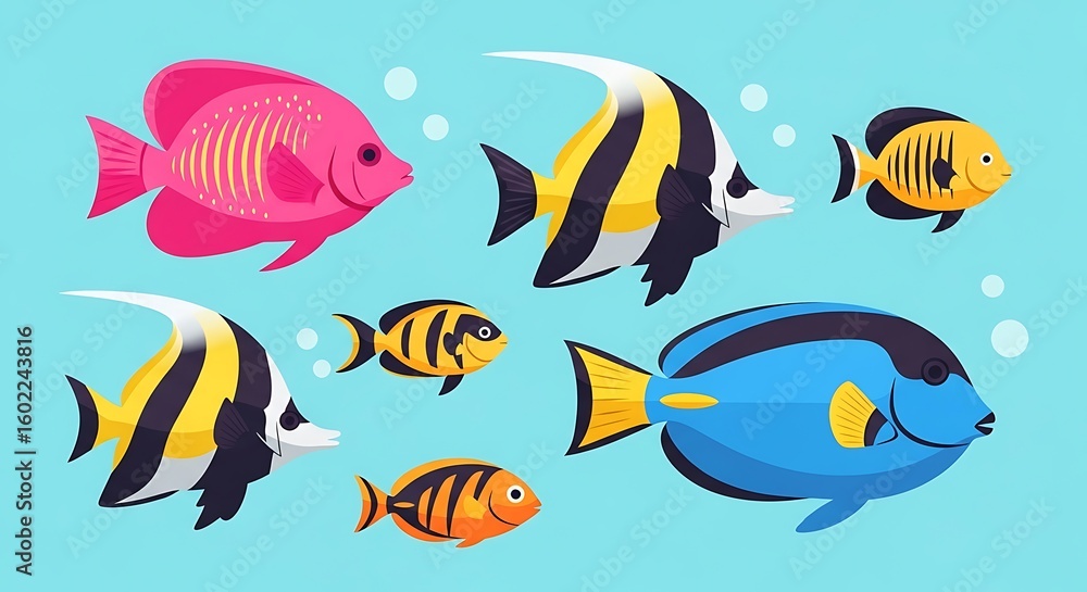 Naklejka premium Colorful cartoon fish of various species swimming in a light blue aquatic environment.