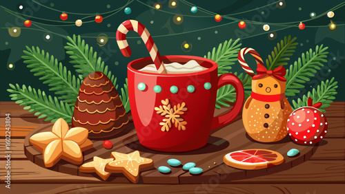 Festive christmas scene with hot cocoa, candy cane, gingerbread and cookies on a wooden board table