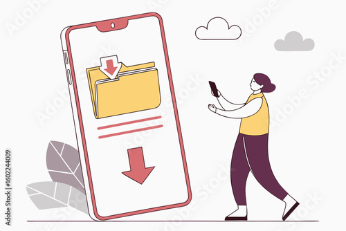 Person downloading files on a smartphone while walking through a modern, minimalistic digital landscape