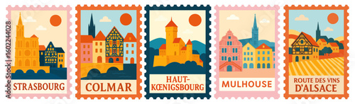 SET OF ALSACE FRENCH CITIES STAMPS ILLUSTRATION (ROUTE DES VINS, CHATEAU DU HAUT KOENIGSBOURG, COLMAR, STRASBOURG, MULHOUSE)