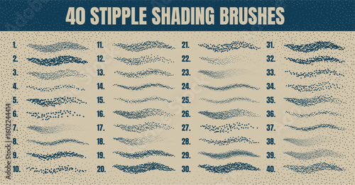 Ink scatter brush, stipple drawing and texturing. Fading gradient. Stippling, dotwork drawing, shading using dots. Halftone disintegration effect. White noise grainy texture. Vector illustration