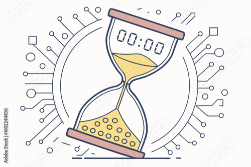 Sand timer displays zero time on digital background representing the countdown of technology and time management in the modern world
