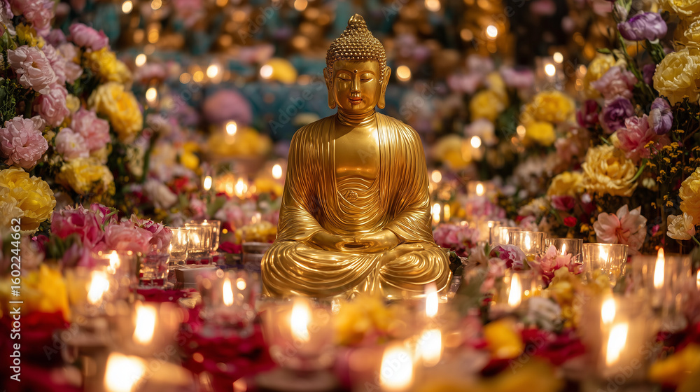 Fototapeta premium Golden Buddha statue surrounded by candles and flowers during Poya celebration