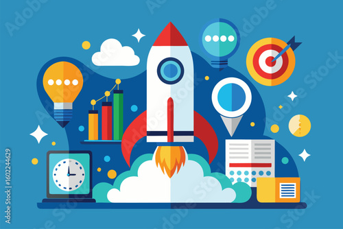 Rocket launch with graphs, light bulbs, and target symbols showcasing innovation and progress in a digital space