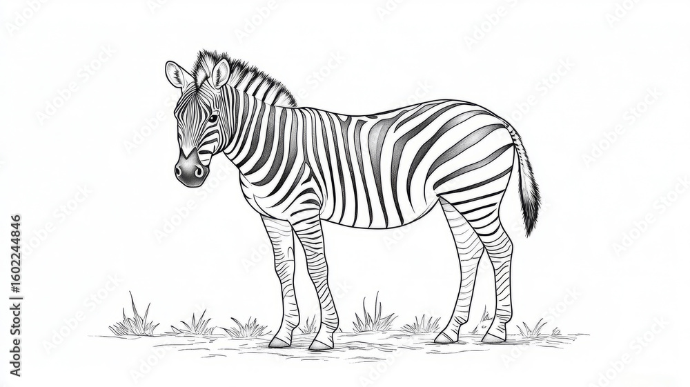 Obraz premium Illustrated zebra standing on grass, black and white sketch.