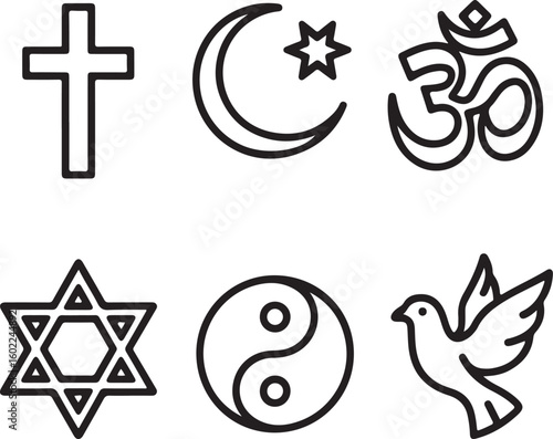Religious Symbols Outline Icons Set Cross, Crescent Moon, Om, Star of David, Yin Yang, Dharma Wheel, and Faith Elements