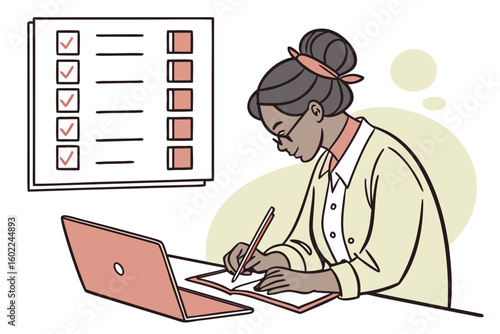 Woman working on a checklist while using a laptop in a bright workspace during the day