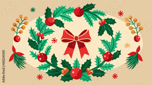Illustration of a christmas wreath with holly leaves berries ornaments and a red bow decoration design