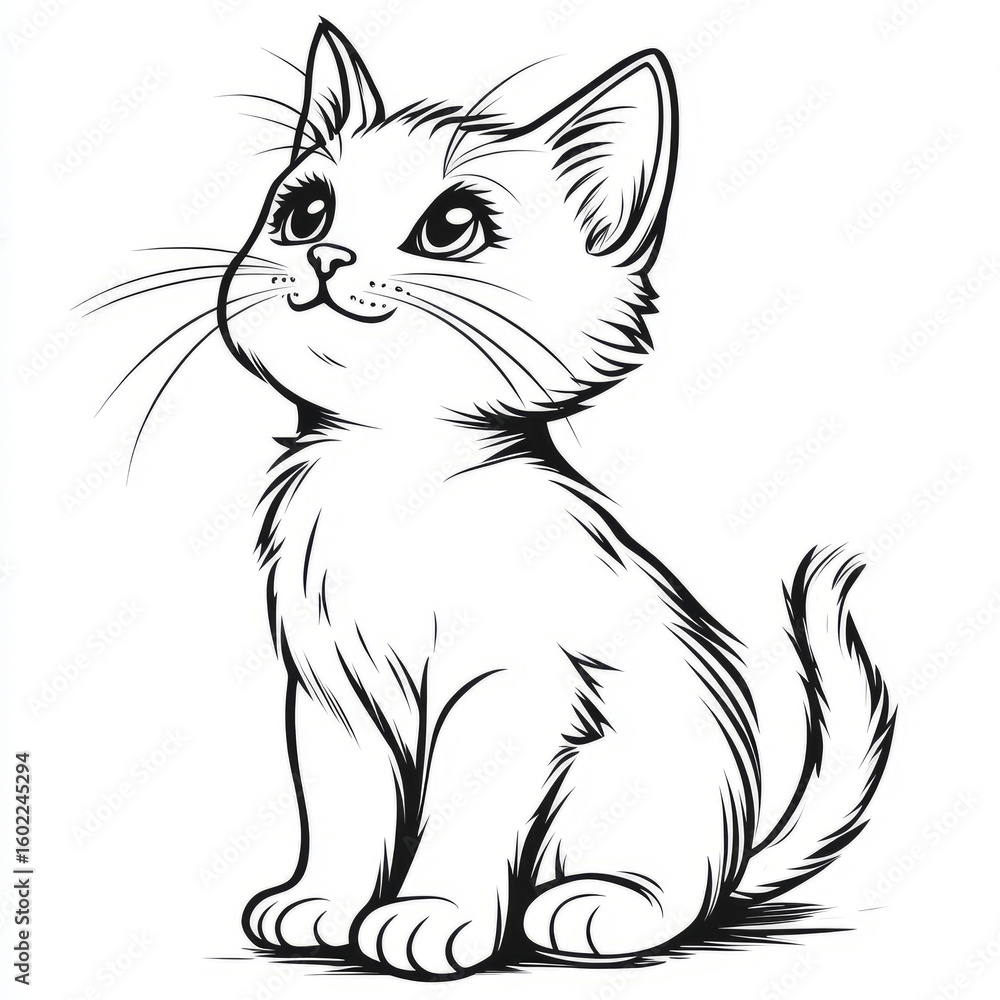 Obraz premium Black and white sketch of a cute kitten looking up.