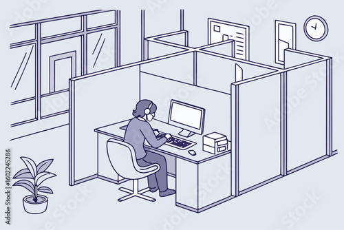 Office workspace with cubicle setup featuring a person using a computer for work during daytime