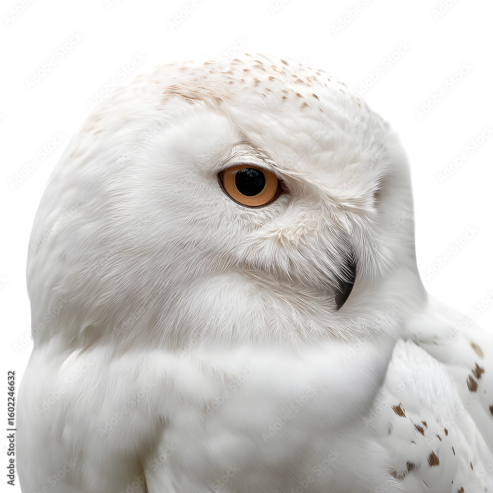 Fototapeta premium Elegant white owl in portrait mode and rounded face and soft feather texture and calm expression and isolated white background Batch realistic clean bright simple modern stock image isolated on pl