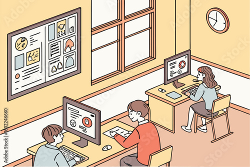 Students collaborating on projects in a bright classroom with computers, posters, and a large window illuminating the space during the morning