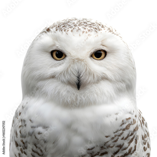 Elegant white owl in portrait mode and  rounded face and soft feather texture and  calm expression and  isolated white background Batch  realistic clean bright simple modern stock image isolated on pl