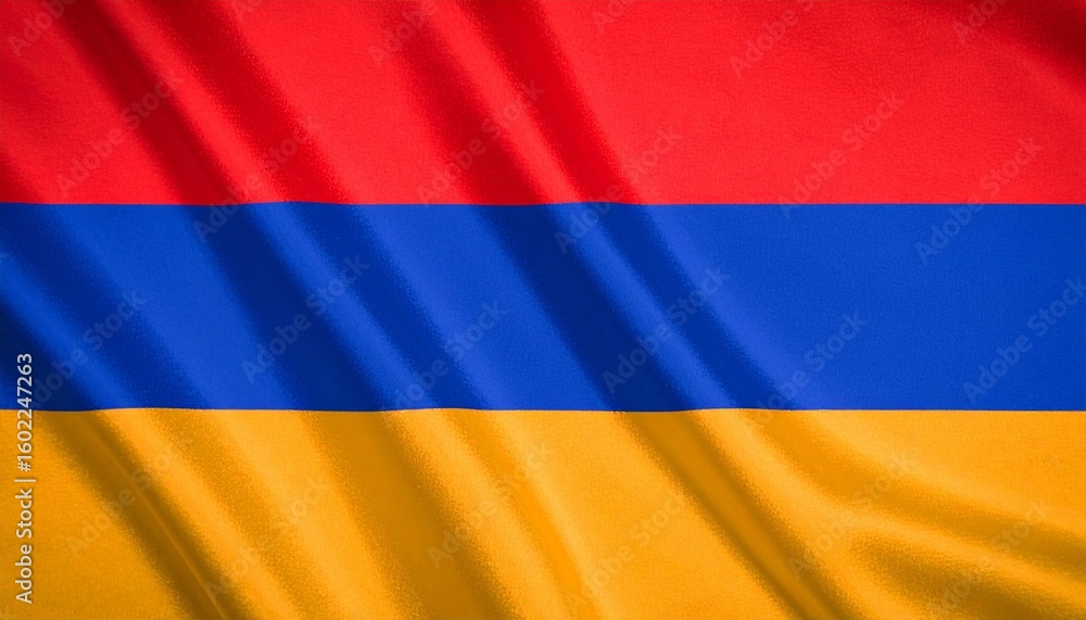 Naklejka premium Armenian flag with horizontal red, blue, and orange stripes, displayed on a textured, gently waving fabric.