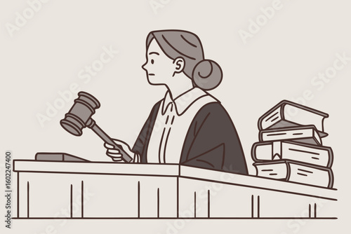 Courtroom scene featuring a female judge presiding over a trial with legal books stacked nearby and a gavel in hand during a formal proceeding