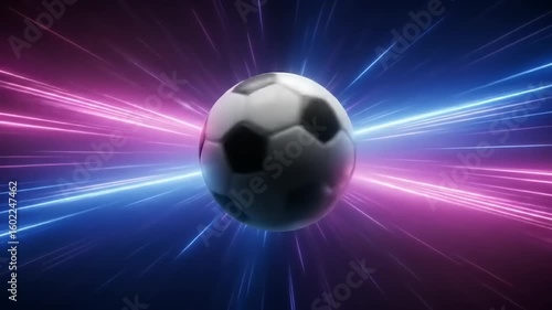 Dynamic soccer ball in motion with vibrant light trails, symbolizing energy and excitement in sports