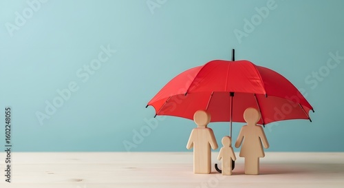 Family protected under a red umbrella symbolizing safety and security