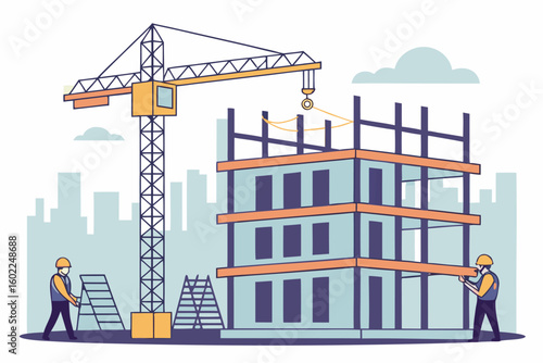 Construction workers build a modern structure with a crane and scaffolding in an urban environment during daylight hours