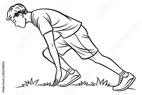 Young athlete preparing to sprint on grass with focused determination in empty outdoor setting during daylight hours