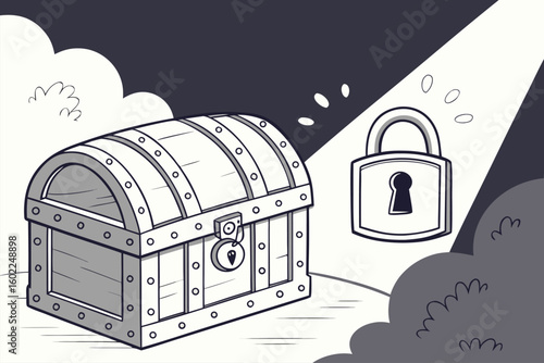 Treasure chest illuminated by mysterious light with a lock symbolizing secrets and hidden wealth in a whimsical landscape