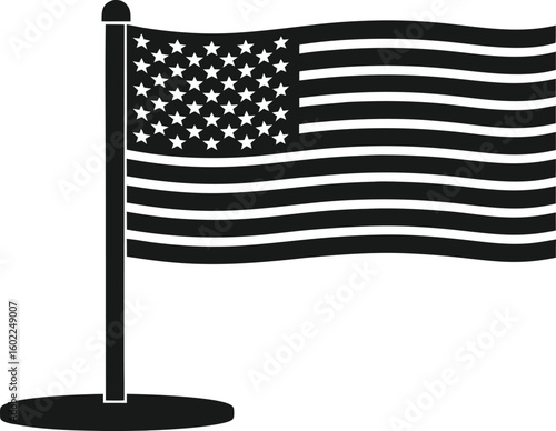 Black and white silhouette of the American flag on a flagpole with a white background united states patriotism