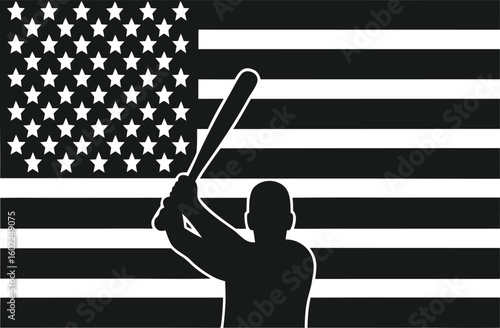 Silhouette of baseball player swinging bat against black and white American flag batter