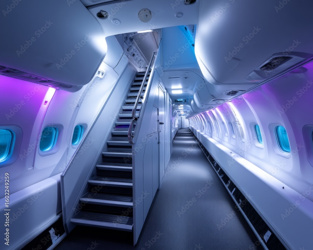 Obraz premium Modern aircraft interior design airplane cabin photography futuristic environment wide-angle view innovative concepts