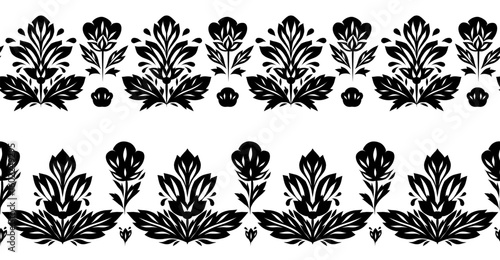 Vector set of seamless borders with black silhouette of decorative flowers. Collection of tracery friezes with stylized flowers. Floral horizontal borders for brushes, dividers and picture frame