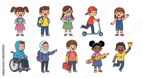 Diverse group of happy cartoon children ready for school