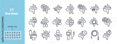 Line intestine pain and bowel symptoms icon set for  with vector illustration of diarrhea, abdominal ache and disorder. Editable pictogram gut disease. Use for medical presentation.
