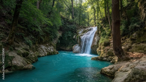A bright blue waterfall in a lush forest, energetic and fresh
