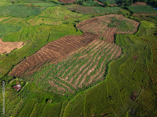 Aerial view of freshly ploughed earth contrasting with vibrant green fields, a patchwork of agriculture under a vast sky, San Enrique, Western Visayas, Philippines.