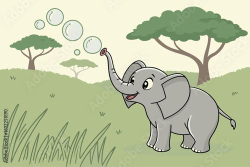 Cartoon elephant blowing bubbles in a vibrant savanna landscape during a sunny day with green grass and scattered trees