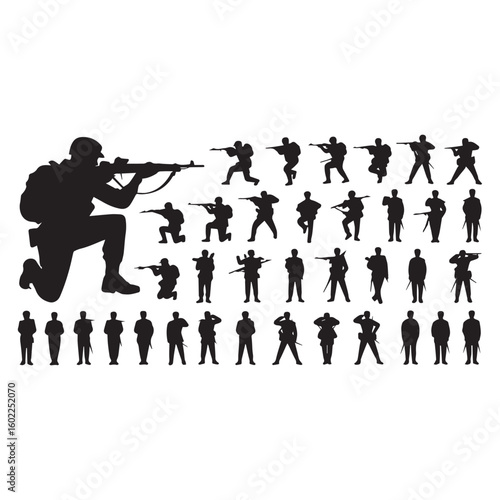 Dynamic military soldiers silhouette set ready for action design element for patriotic projects