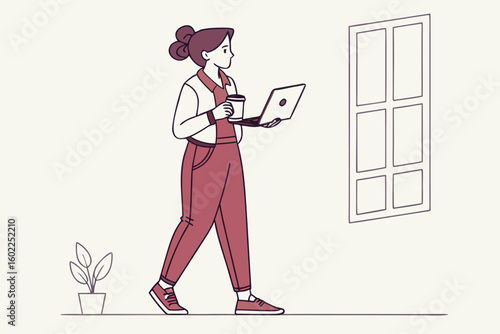 Woman walking while holding a laptop and coffee cup in a bright indoor space with a window and a plant nearby