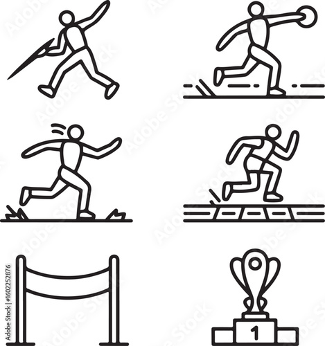 Athletics Event Line Icons Javelin, Discus, Steeplechase, Sprint Blocks, Finish Line, and Medal Podium Outline Set