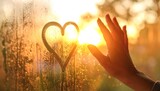 Hand reaching for heart drawn on a misty window at sunset